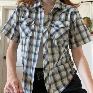 vintage blue grey & cream plaid snap shirt by wrangler
